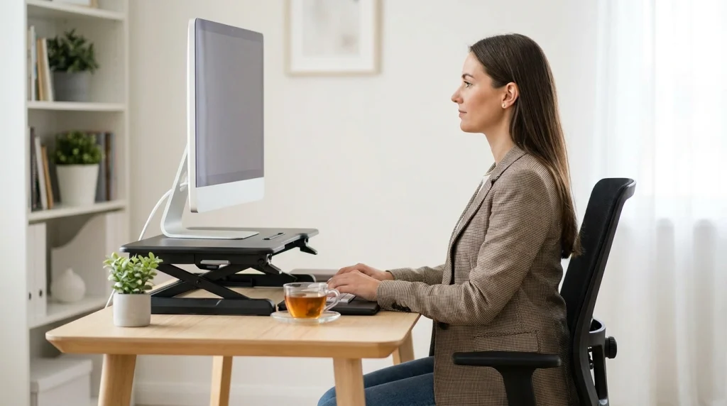 Pessoa sentada com postura alinhada e tela do computador posicionada na altura correta dos olhos.