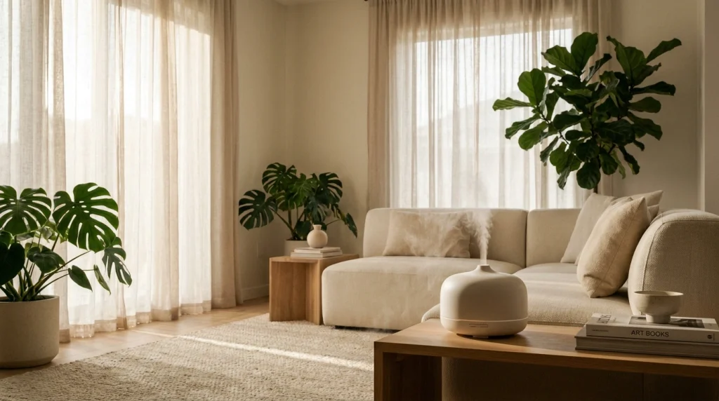 Difusor de aromas ultrassônico liberando névoa suave em uma sala de estar iluminada e aconchegante.