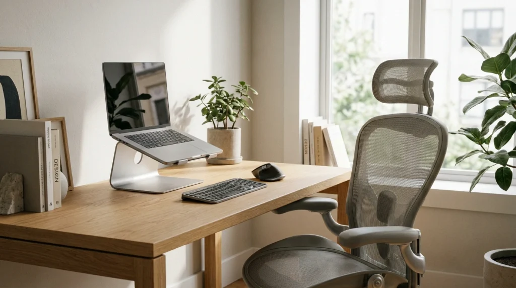 Posto de trabalho ergonômico moderno com suporte elevado para notebook e cadeira com apoio lombar.
