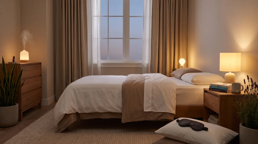 Quarto aconchegante com iluminação suave e cortinas blackout.
