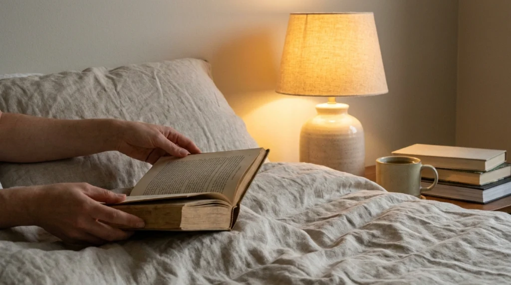 Pessoa abrindo um livro físico na cama sob luz suave para leitura noturna
