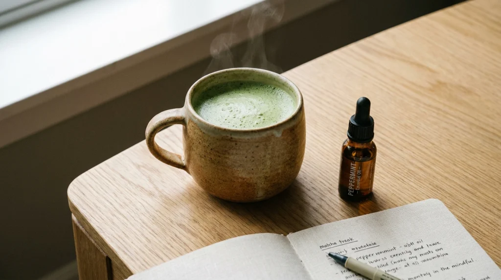 Xícara de cerâmica com matcha verde cremoso e frasco de óleo essencial de hortelã-pimenta em mesa de madeira.