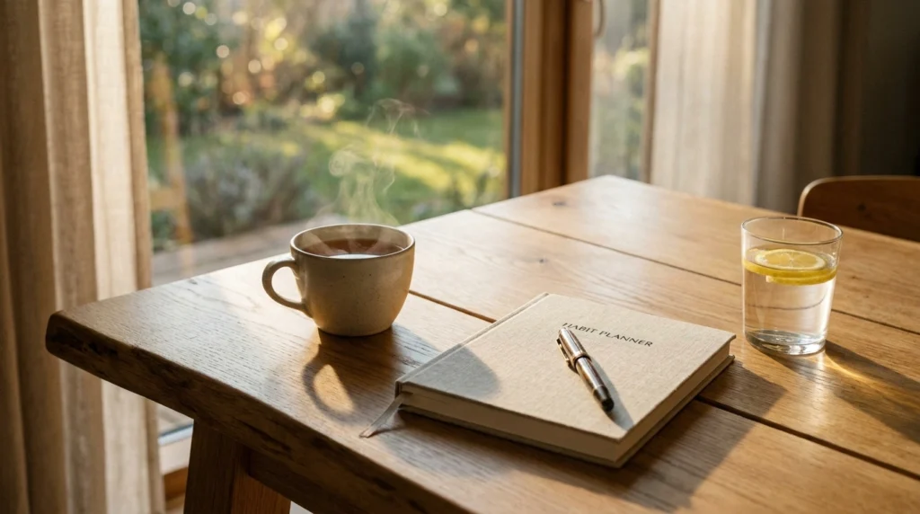 Mesa de madeira com caderno de planejamento diário, xícara de chá e copo de água perto da janela