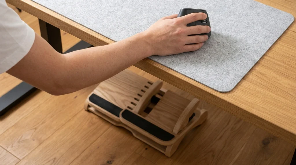 Mão posicionada sobre mouse vertical ergonômico em mesa de trabalho com apoio para os pés.