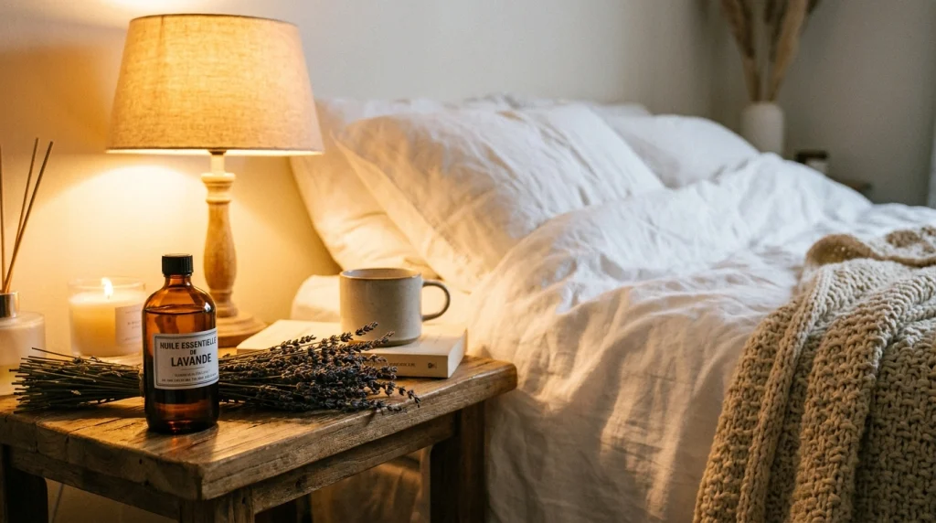 Frasco âmbar de óleo essencial de lavanda com ramos secos ao lado de cama com luz suave.