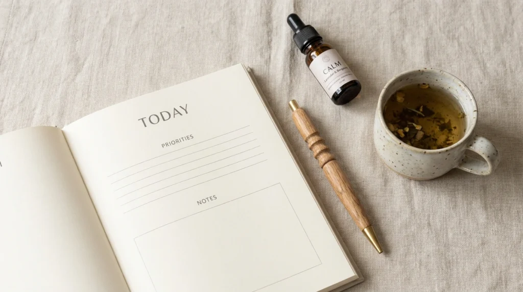 Composição elegante com planner de capa dura, caneta e frasco âmbar de óleo essencial