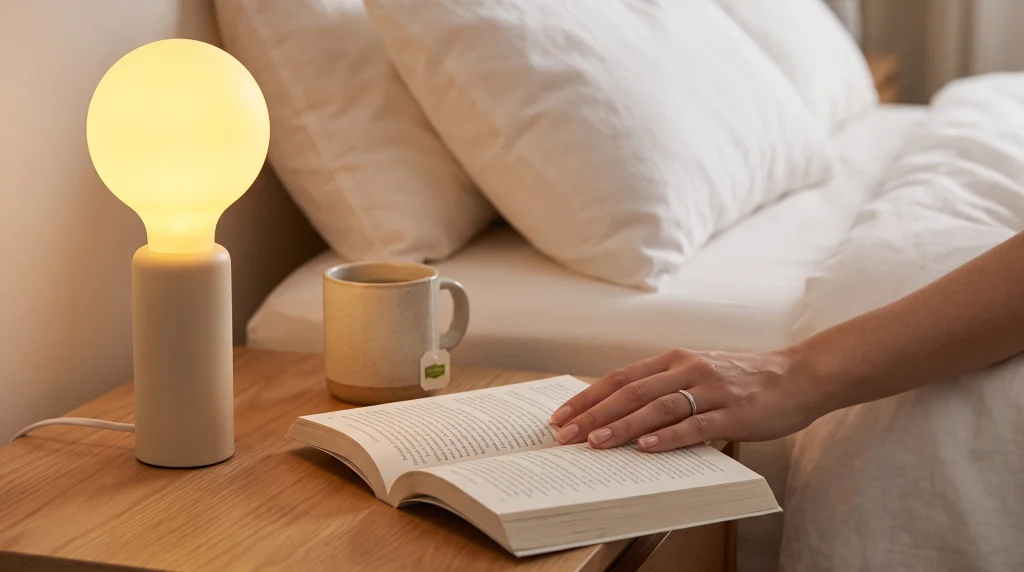Leitura de livro físico e luz quente de apoio na mesa de cabeceira.