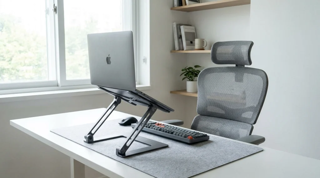 Posto de trabalho com suporte articulado para notebook ajustado na altura correta da visão.